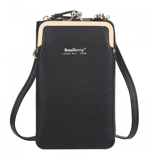 Black Leather Cell Phone Shoulder Bag